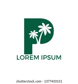 Palm tree and letter P vector logo design. Travel and beach sign logo concept.