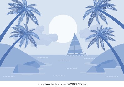 Palm tree light blue silhouette, sailboat, sea shore beach beautiful scenery. Day, morning stunning resort landscape for weekend traveling, romantic relaxation, honeymoon trip. Vector illustration