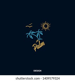 Palmenbaum Logo, abstrakte Ikone der Palmenreise, Tourismus. Sommer, Sonne, Meer, Strand. Linearer Stil, Palme mit einem flachen Logo auf dunklem Hintergrund in Gelb- und Blautönen für mobile Anwendungen.