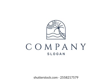 palm tree logo by the beach with waves in line art design style
