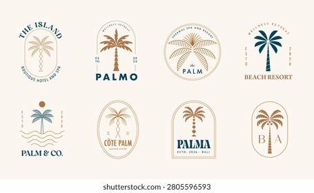 Palm tree logo collection for boutique hotels, luxury beach resorts, island hospitality brands and travel companies. Premium tourism and tropical vacation vector illustration.