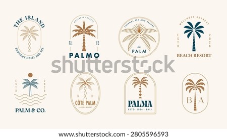 Palm tree logo collection for boutique hotels, luxury beach resorts, island hospitality brands and travel companies. Premium tourism and tropical vacation vector illustration.