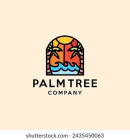 Palm Tree Logo Colorful Vector, Monoline Summer Beach Icon Symbol, Vacation Creative Vintage Graphic Design