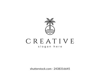 Palm tree logo with combination of wave elements in a circle with line art design style