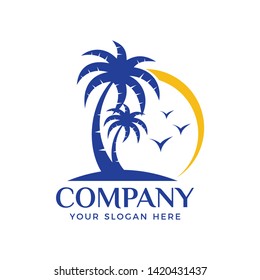 Palm tree logo concept with sun, wave, and bird element