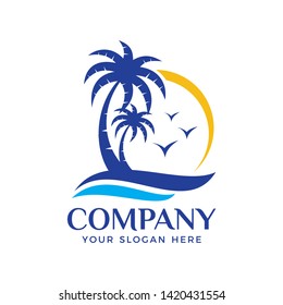 Palm tree logo concept with sun, wave, and bird element
