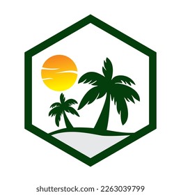 palm tree logo design by the beach with sun