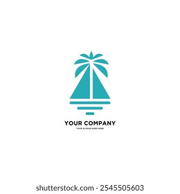 Diseño de logotipo de palmera combinado con barco de playa, vela y olas. Diseño de logotipo de playa, barco, vela y viaje con Plantilla de ícono de Vector de símbolo de palmera.