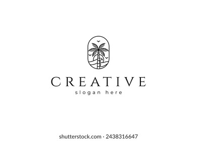 Palm tree logo design icon vector line art with sunset sea waves and flying birds background