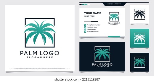 Ilustración del diseño del logotipo del árbol de palmas con concepto de elemento creativo y plantilla de tarjeta de visita