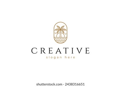 Palm tree logo design line art vector icon with sunset seascape background in oval frame