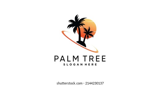 Palm tree logo design template with sun Premium Vector