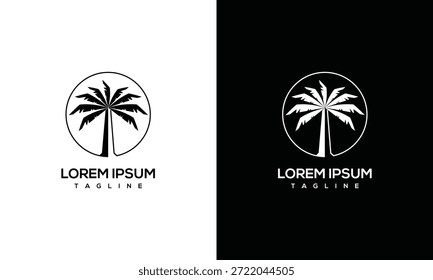 Modelos de design de logotipo de palmeira em fundos brancos e pretos contrastantes mostrando ilustrações vetoriais elegantes
