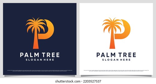 Palm tree logo design vector illustration with initial letter p and creative unique concept