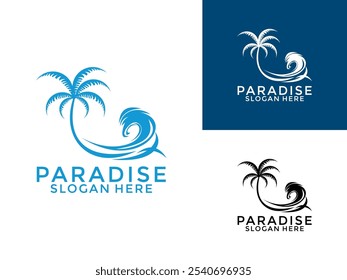 Vector del diseño del logotipo de la palmera, palmera con la Plantilla del diseño del logotipo de la onda del océano de la playa 