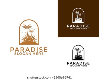 Palm Tree logotipo design vetor, Palm tree com Beach Sunset View logotipo design template