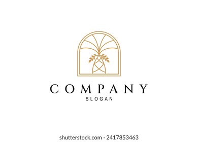 palm tree logo in frame with elegant linear design style gold color