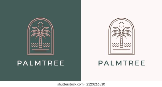 Palm tree logo. Luxury beach resort symbol. Coconut tree line icon. Tropical exotic paradise brand identity. Summer seascape vacation travel sign. Vector illustration.