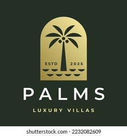 Palm tree logo. Luxury villas icon. Coconut tree emblem. Tropical beach paradise brand label. Exotic island resort summer vacation sign. Vector illustration.