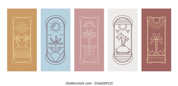 Palm tree logo. Minimal geometric Bohemian design. Tropical Boho line badge for hotel, boutique and rental studio. Sea beach vacation. Outline summer seascape. Vector linear icons set