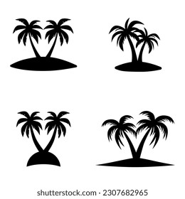 palm tree logo on the island, design of two palm trees on the beach at dusk, flat art style design isolated white background