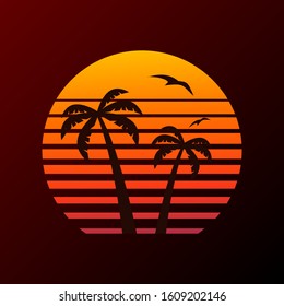 Palm tree logo on sunset background and flying plane.