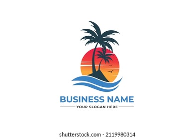 palm tree logo. sea beach logo design. nature logo design. sea logo design with a plum tree. coconut tree with sea