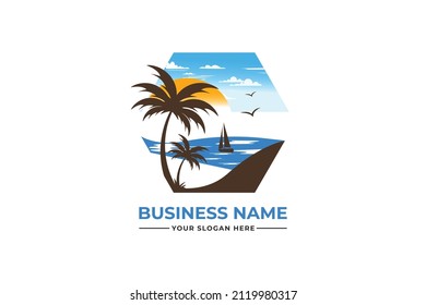 palm tree logo. sea beach logo design. nature logo design. sea logo design with a plum tree. coconut tree with sea