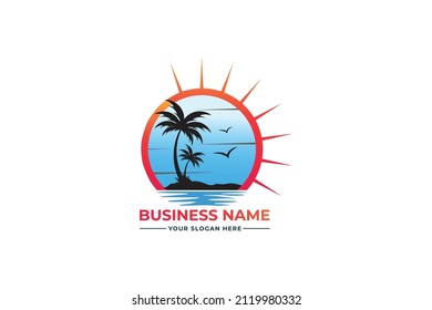 palm tree logo. sea beach logo design. nature logo design. sea logo design with a plum tree. coconut tree with sea