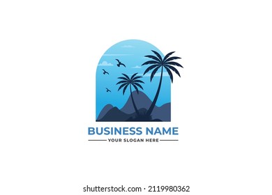 palm tree logo. sea beach logo design. nature logo design. sea logo design with a plum tree. coconut tree with sea