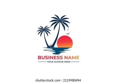 palm tree logo. sea beach logo design. nature logo design. sea logo design with a plum tree. coconut tree with sea