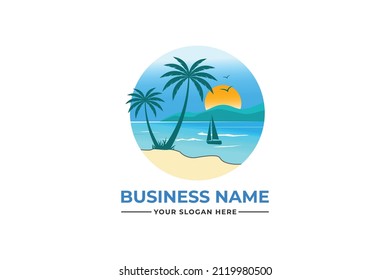 palm tree logo. sea beach logo design. nature logo design. sea logo design with a plum tree. coconut tree with sea