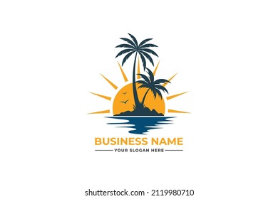 palm tree logo. sea beach logo design. nature logo design. sea logo design with a plum tree. coconut tree with sea