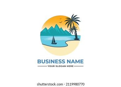 palm tree logo. sea beach logo design. nature logo design. sea logo design with a plum tree. coconut tree with sea