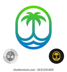 Palm tree logo with sea waves. Oval badge tourist vacation holiday theme. Water blue and plant green gradient colors fill. One piece palm and sea silhouette.