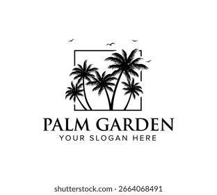 Silhueta do logotipo da palmeira na praia tropical ao pôr do sol