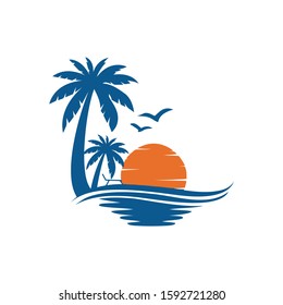 Palm tree logo with sun,Cloud,moon and sea bird. Coconut tree logo design template