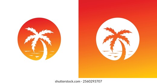 Palm tree logo and sunset background, palm tree and beach logo