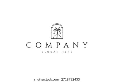 Logotipo de la palmera con la puesta del sol en estilo del diseño del arte de la línea