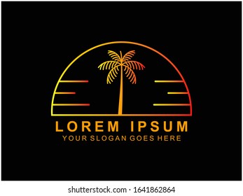 Palm tree logo template in thin line style, beach icon. tropical logo vector isolated on black background.