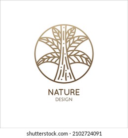Palm tree logo. Tropical plant with leafs in linear style. Round outline emblem. Vector abstract badge for design of natural product, flower shop, cosmetics, ecology concepts, health, spa, yoga