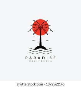 Palm Tree Logo Vector Design Illustration Line Art, Coconut Concept, Paradise Island Logo, Ocean Concept Sunset in The Paradise Island