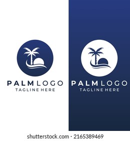 Palm tree logo, palm with waves and sun. Using illustrator editing.