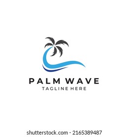 Palm tree logo, palm with waves and sun. Using illustrator editing.