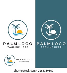 Palm tree logo, palm with waves and sun. Using illustrator editing.