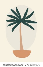 Palmeira com folhas verdes longas e tronco marrom dentro de uma ilustração simples pote de terracota