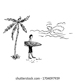 Palmenbaum, ein Mann mit Surf. Skizze. Vektorillustration.