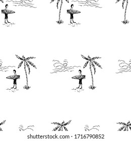 Palm tree, un hombre con un surf. Esbozo. Ilustración vectorial.