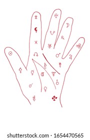 Palm tree map vector template for palmistry: lines, paths, mountains and valleys, signs