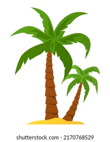 Palm tree - moderna imagen aislada de diseño plano. Ilustración detallada de dos plantas tropicales, exóticas, que crecen en una isla arenosa. Vacaciones veraniegas, flora, hermosa naturaleza y paisajes